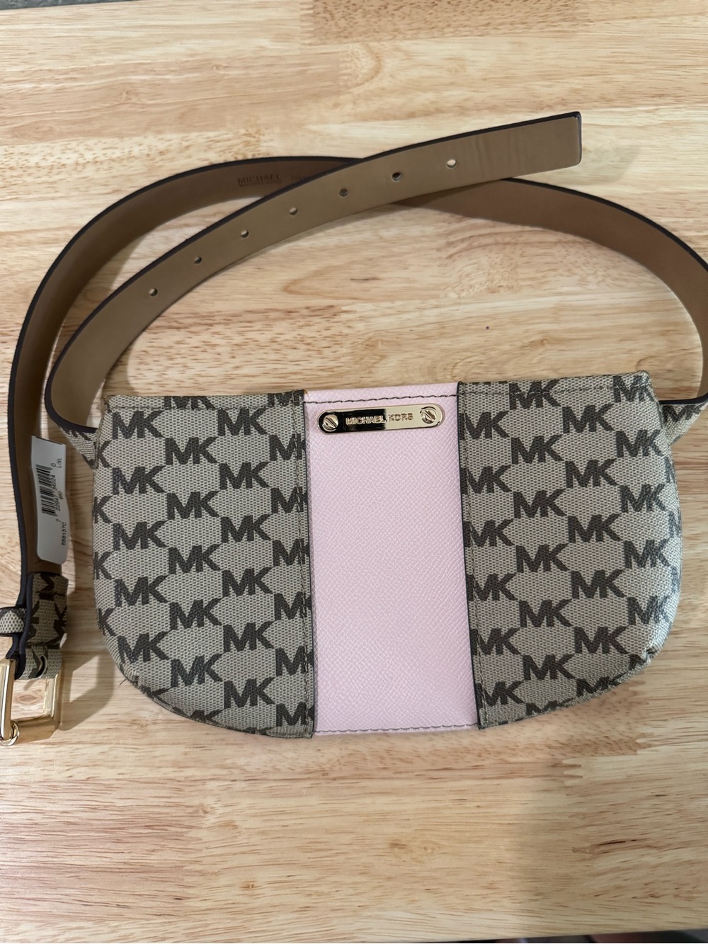 Michael Kors Beige MK Logo Crossbody Belt Bag with Pink Panel
